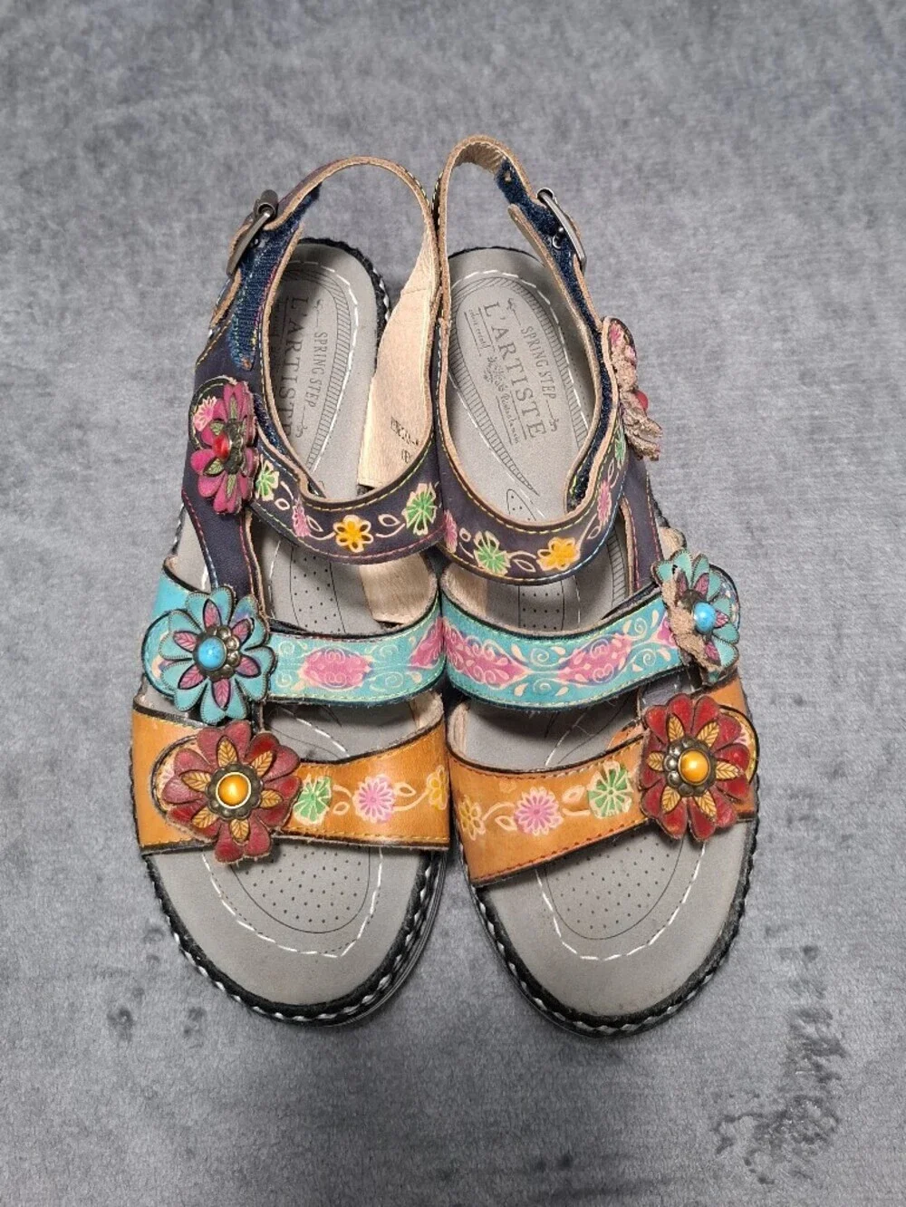L'ATISTE Spring Step Multicolor Floral Leather Slingback Sandals Hand Painted 38